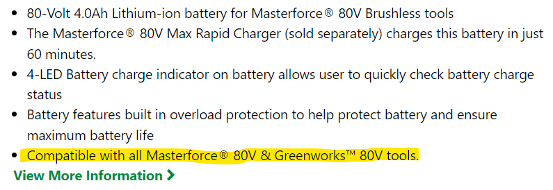 masterforce and Greenworks battery compatibility